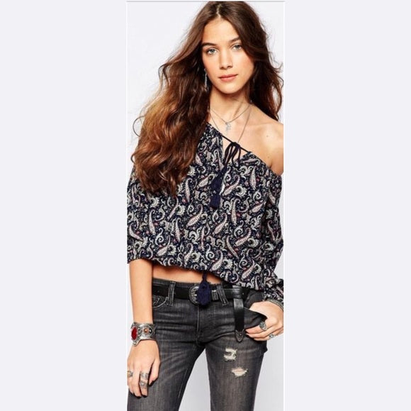 Denim and Supply Ralph Lauren Paisley Print Tassel Top Blouse Size S Navy Blue