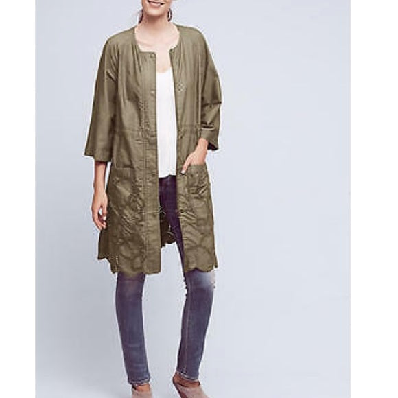 Hei Hei Anthropologie Green Embroidered Eyelet Scallop Long Jacket Trench Size S