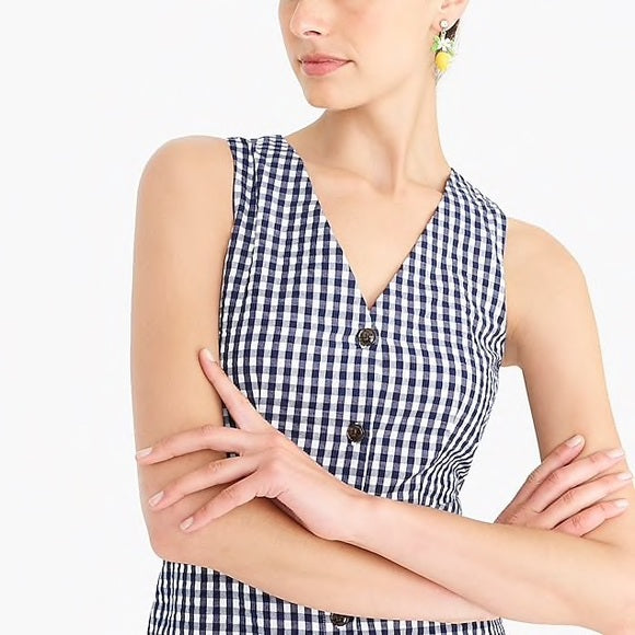 J Crew Factory Navy Blue White Gingham Plaid Button Front Dress Size 0 V Neck