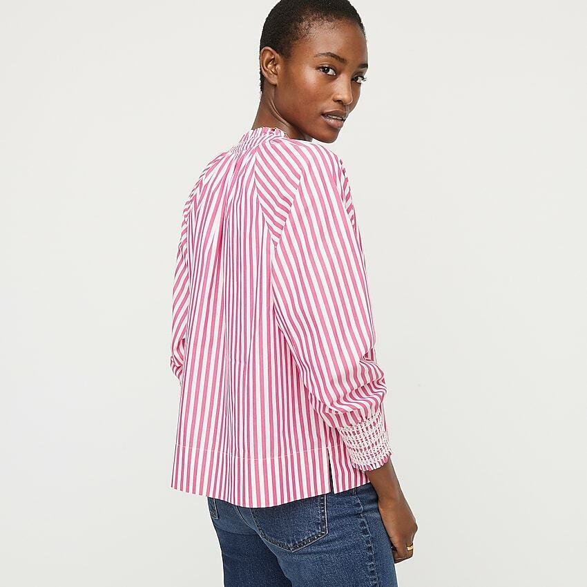 NWT J Crew Pink White Striped Smocked Cuff Tie Neck Popover Top Blouse Size XS Long Sleeve