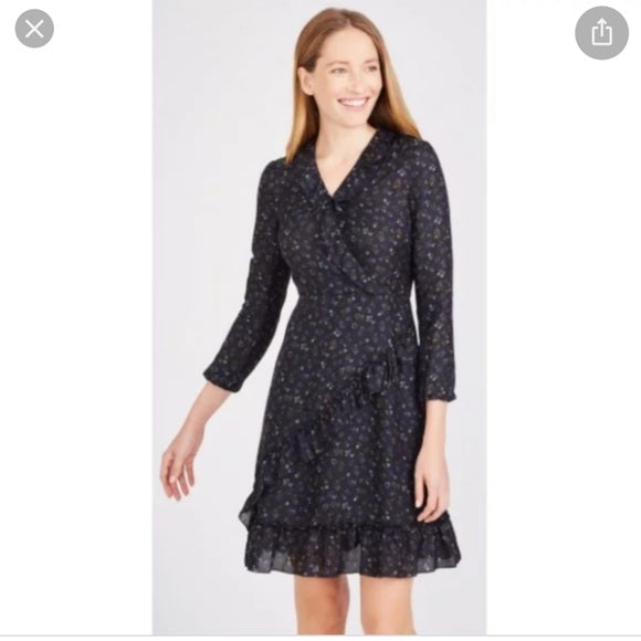 J McLaughlin Sonny Black Purple Floral Print Ruffle Faux Wrap Dress Size 2 Silk