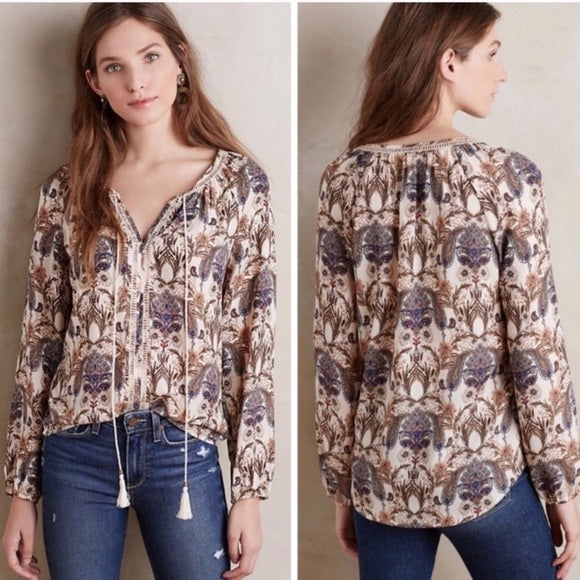 Meadow Rue Anthropologie Myrtle Cream Paisley Print Floral Tassel Top Blouse S Long sleeve