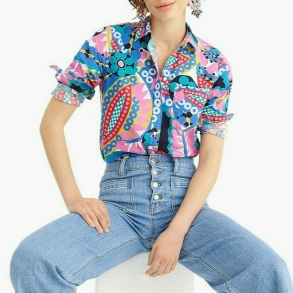 J Crew Classic Boy Fit Shirt in Ratti Kaleidoscope Print Size 6 Abstract Blouse Long Sleeve