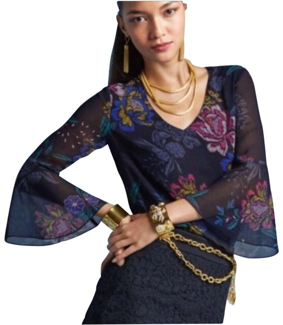 CAbi Olivia Navy Blue Multi Color Floral Print V Neck Top Blouse M Bell Sleeve