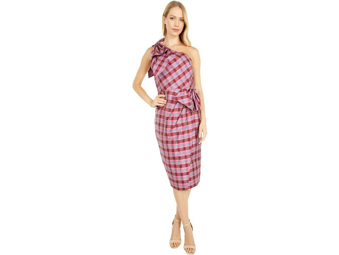 NWT J Crew Womens Ocho Silk Plaid One Shoulder Bow Dress Size 6 Pink Sheath