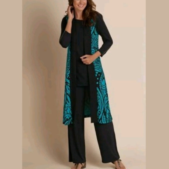 Soft Surroundings Serengeti Teal Blue Black Duster Cardigan Vest Size L Boho