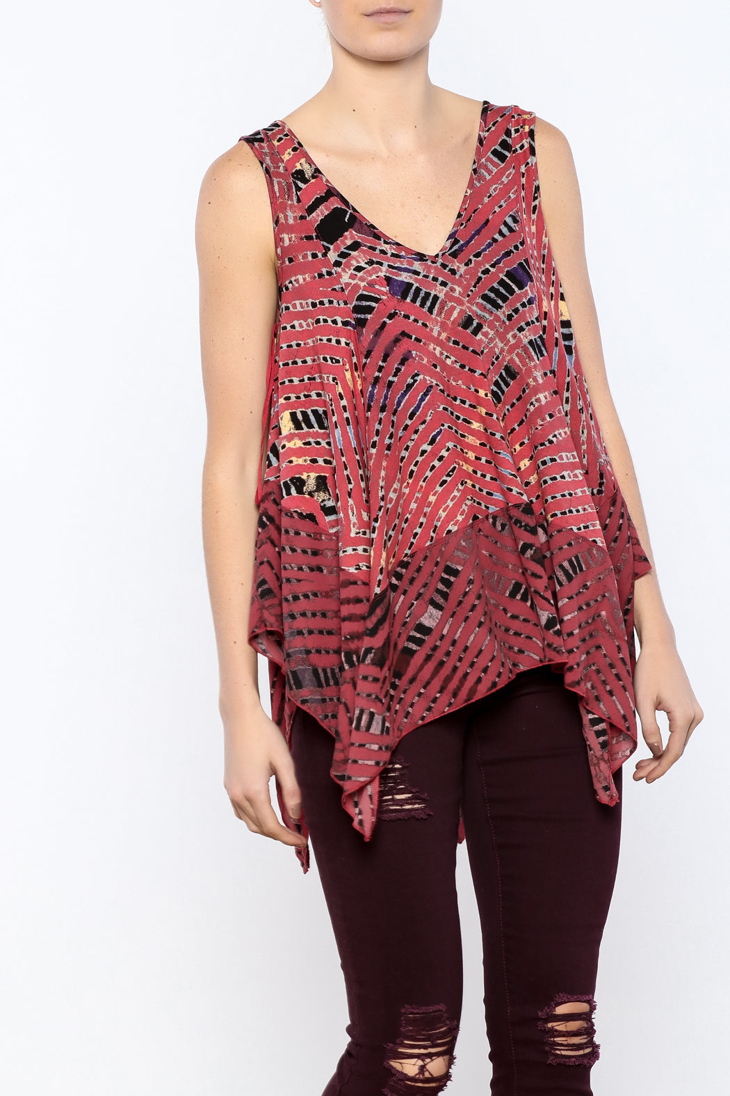 Free People Day Dreamers V Neck Printed Swing Tank Top Blouse Sz S Asymmetrical