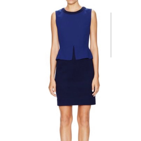 Sandro Navy Blue Two Tone Sleeveless Peplum Sheath Dress Size 1 Wool Knit