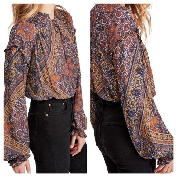 NWT Free People Little Runaway Geometric Medallion Print Top Blouse Size M Long Sleeve