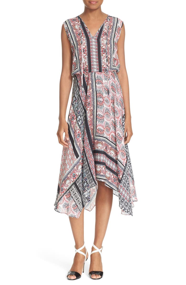 Parker Lota Patchwork Print Asymmetrical Handkerchief Hem Maxi Dress Silk Sz XS