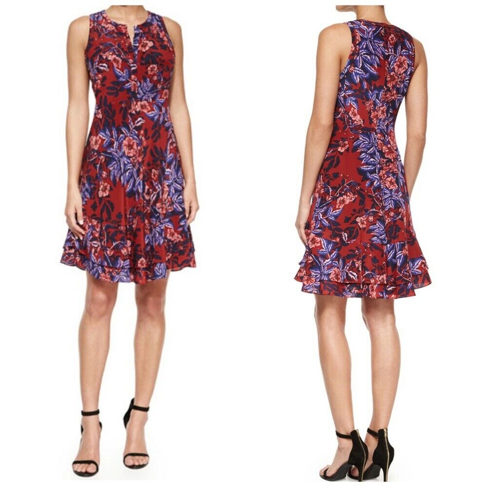 Rebecca Taylor Silk Flame of the Forest Floral Print Dress Size 4 Flounce Red