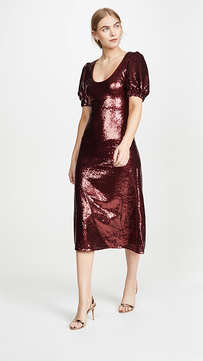 NWT Keepsake Farewell Ruby Red Sequin Midi Dress Size XS US 0 - 2 Puff Sleeve