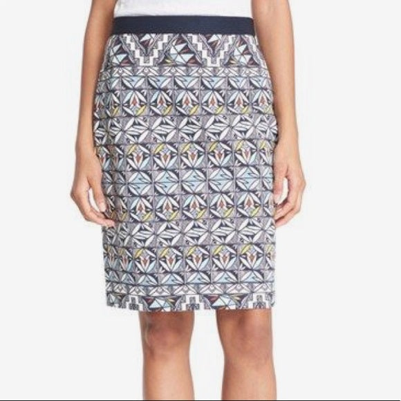 Tory Bruch Geometric Printed Ponte Knit Pencil Skirt Size S Blue Pull On