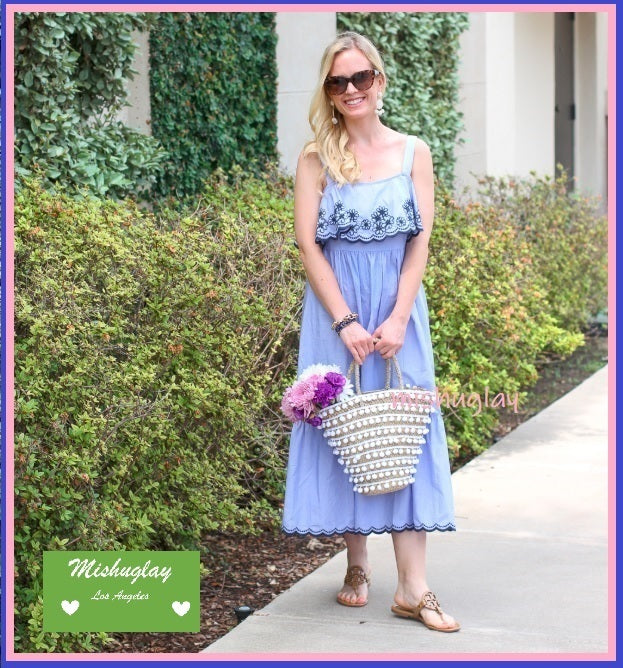 Kate Spade Blue Daisy Floral Embroidered Flounce Midi Patio Dress Size S Casual