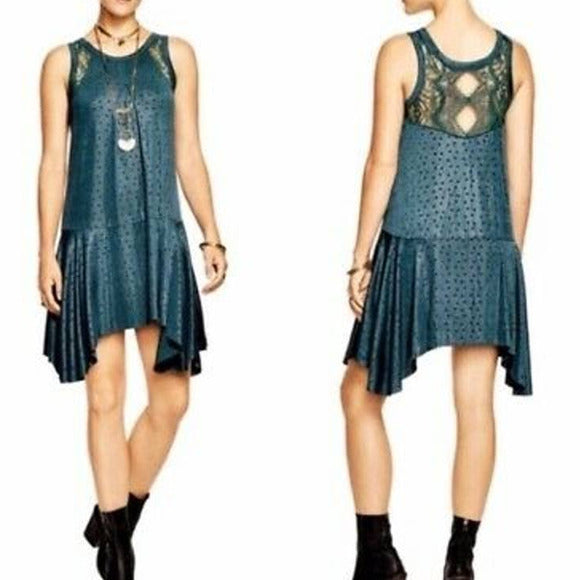 Free People Make it Count Green Polka Dot Embossed Lace Asymmetrical Hem Dress S