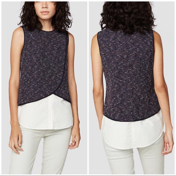 Derek Lam 10 Crosby Navy Blue Tweed Mixed Media Layered Combo Top Blouse Size 10 Sleeveless