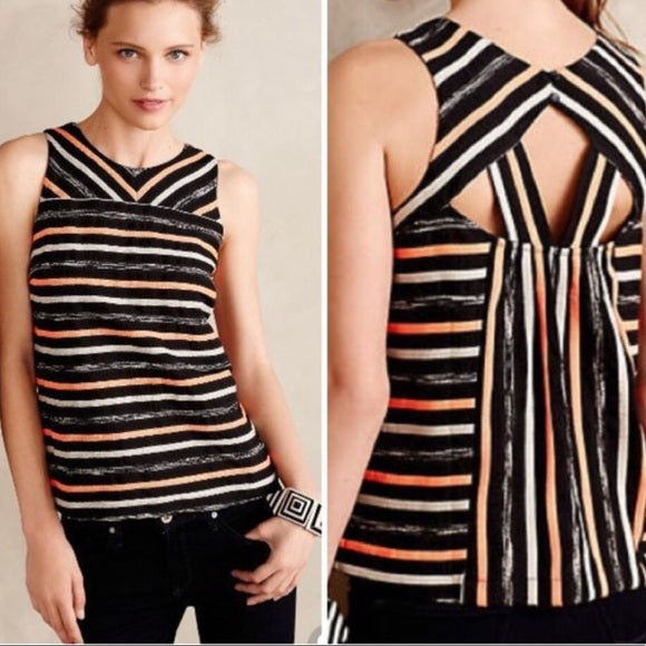 HD in Paris Anthropologie Black Orange Ribbon Striped Cutout Tank Top Blouse 0