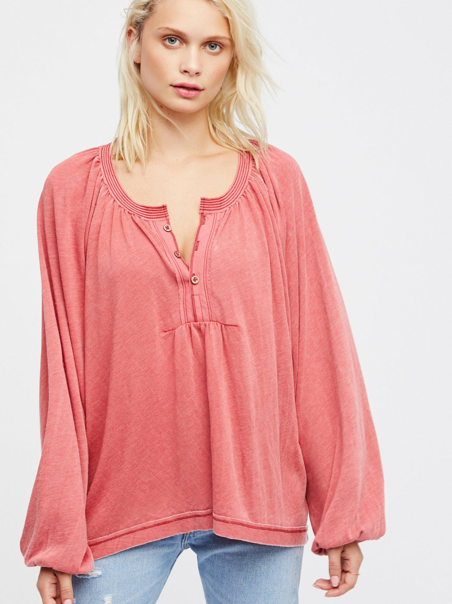 We the Free Free People Acadia Henley Top Vintage Red Oversized Fit Size S Boho