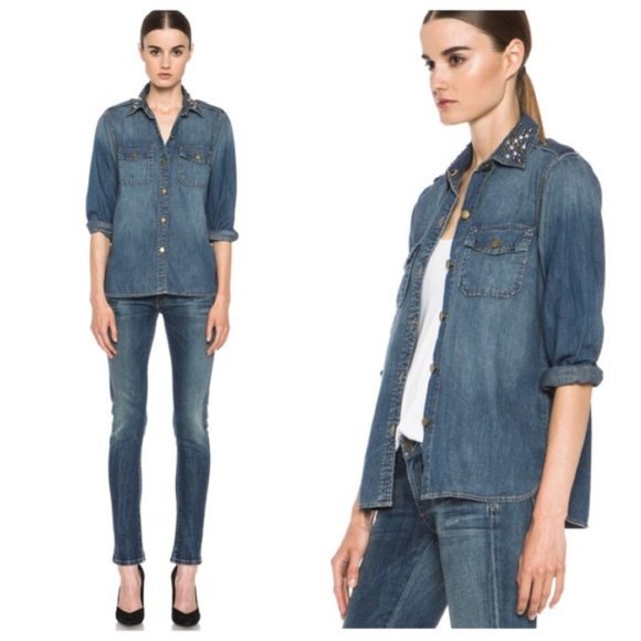 Current Elliott the Perfect Shirt in Miner Size 0 Embellished Button Down Blouse