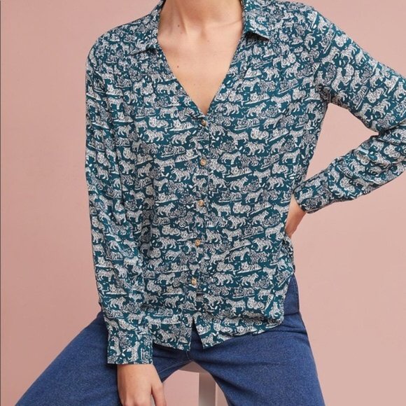 Maeve Anthropologie Emory Teal Tiger Print Button Front Blouse Top Size 2