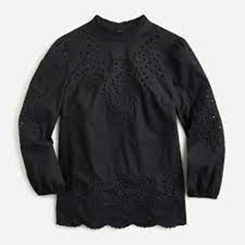 NWT J Crew Black Embroidered Eyelet Poplin Popover Top Blouse Mock Neck XXS 2XS