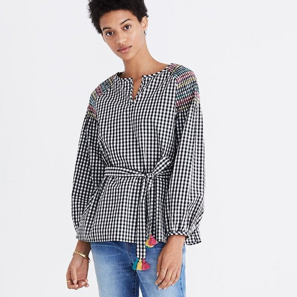 Madewell Black White Gingham Plaid Embroidered Tie Waist Tassel Top Blouse XS