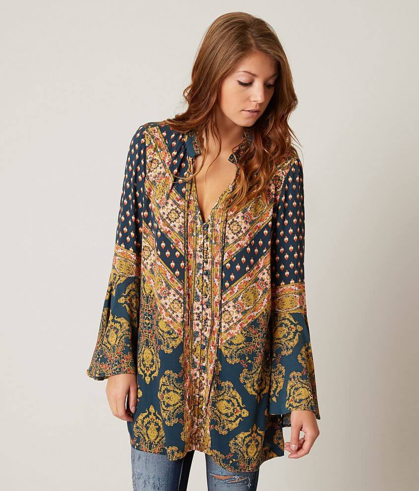 Free People Magic Mystery Printed Bell Sleeve Tunic Top Blouse Size S Teal Blue Long Sleeve