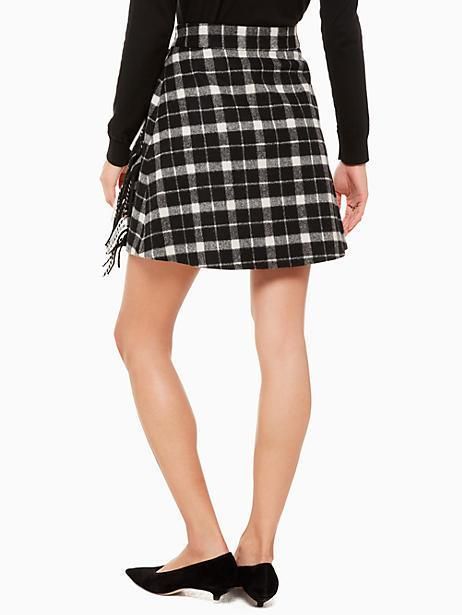 NWT Kate Spade Rustic Plaid Fringe Skirt Size 00 A Line Black White Ruffle Wool