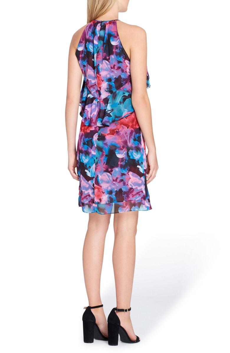 Tahari ASL Levine Watercolor Floral Ruffle Chiffon Shift Dress Size 8 Black Pink