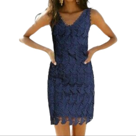 Lilly Pulitzer Reeve Navy Blue Sailboat Lace Sheath Dress Size 4 V Neck Nautical