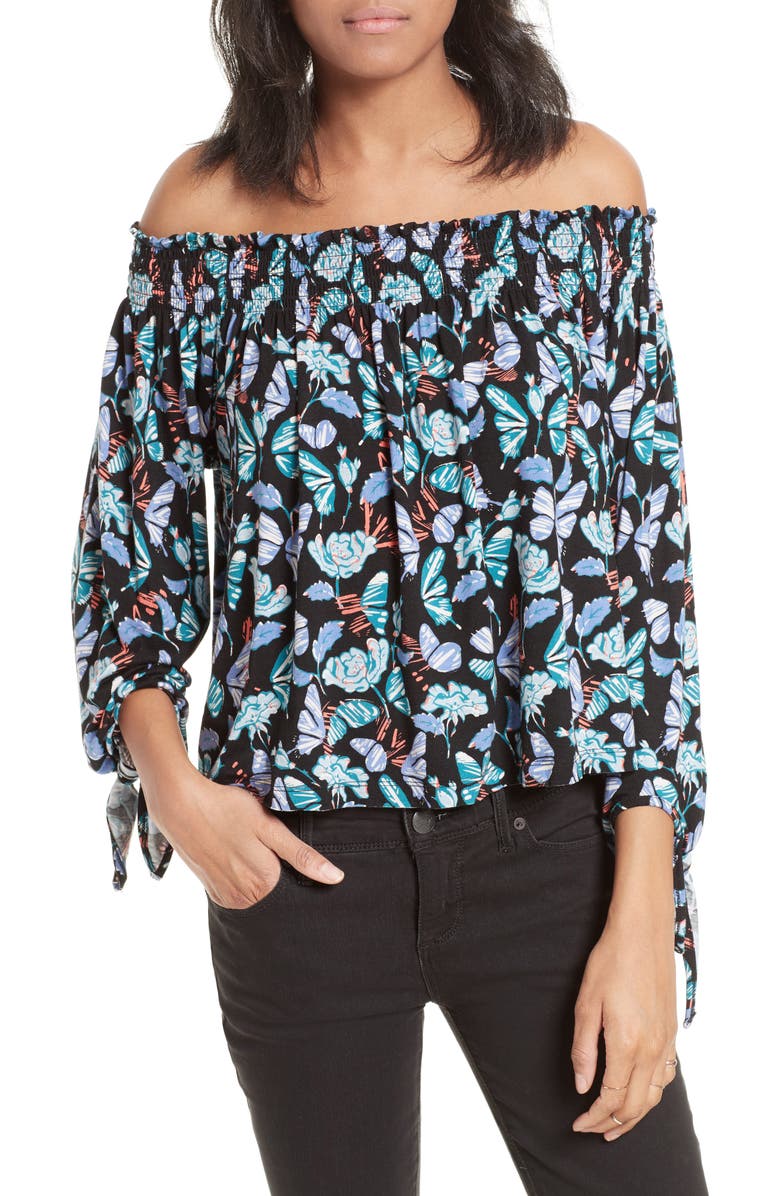 We the Free Free People Lexington Floral Off the Shoulder Top Blouse Sz S Black