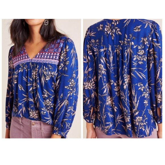 by Anthropologie Blue Floral Print Embroidered Yoke Knit Top Blouse Size S