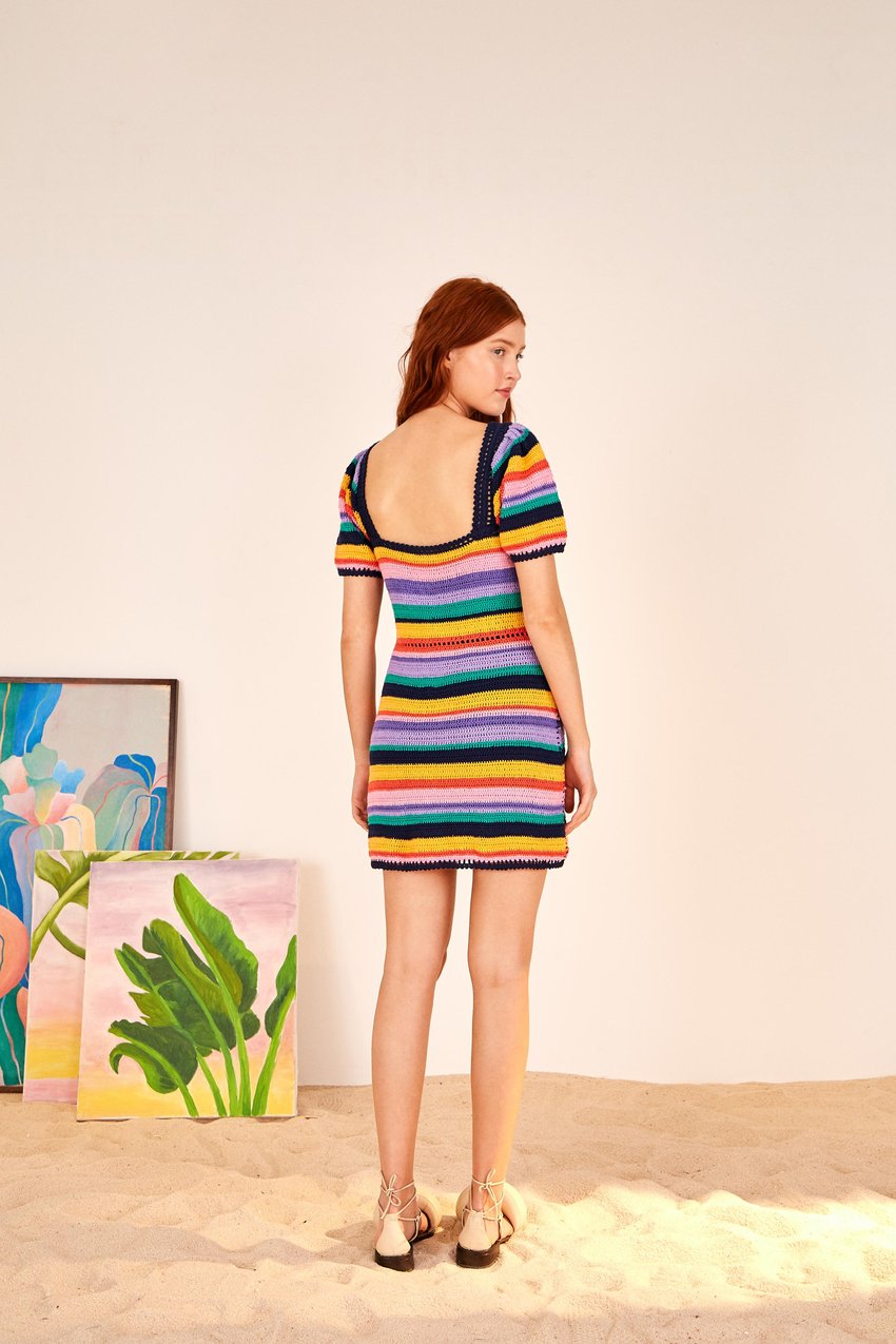 NWT Farm Rio Colorful Rainbow Striped Crochet Mini Dress Size S Puff Sleeve Boho