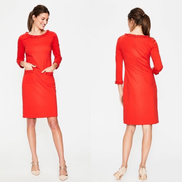 Boden Miranda Red-Orange Ponte Knit Ruffle Trim Dress 3/4 Sleeve Size 2R 2