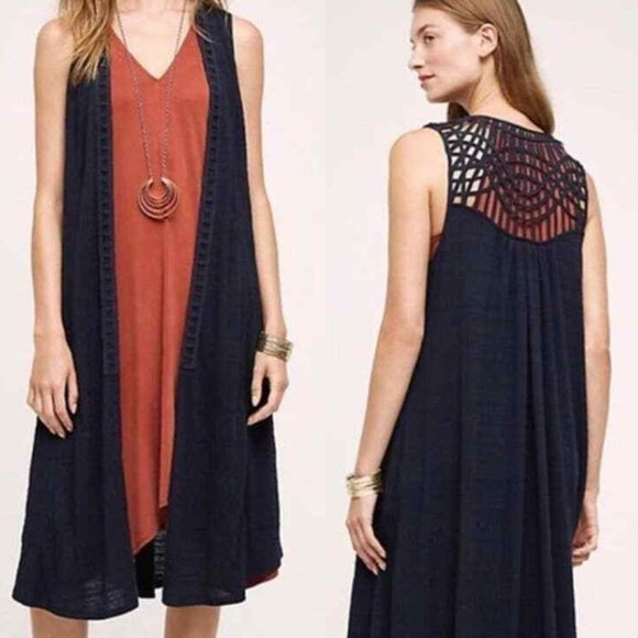 NWT Saturday Sunday Anthropologie Navy Blue Crochet Macrame Duster Vest Size XS