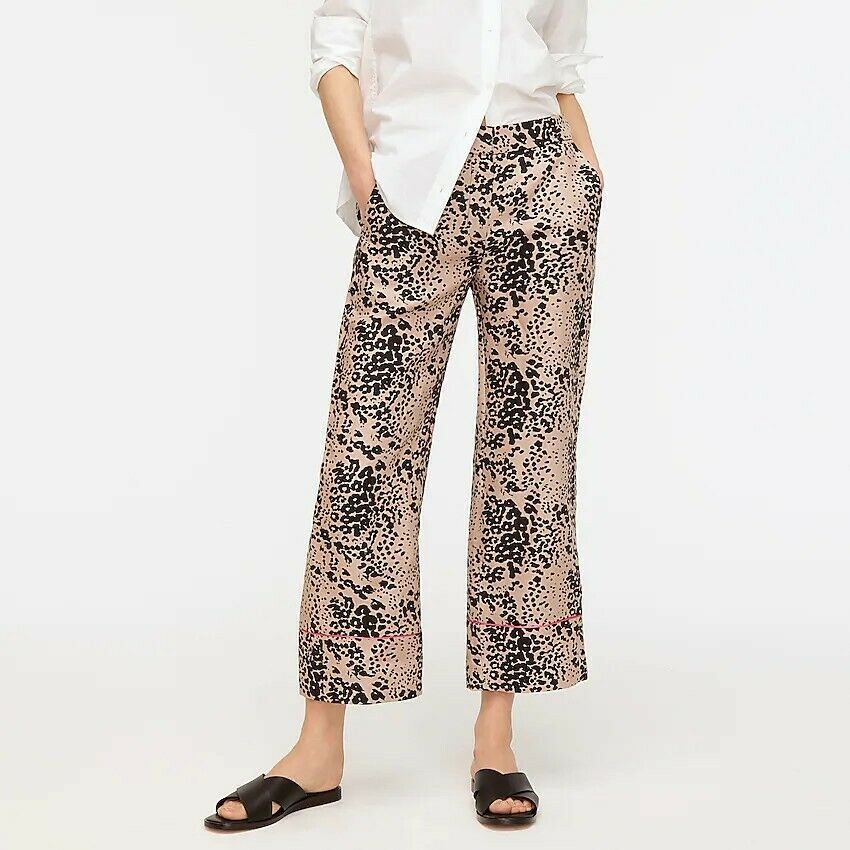 J Crew Leopard Print Linen Blend High Rise Cropped Peyton Pants Size 2 Pink Trim