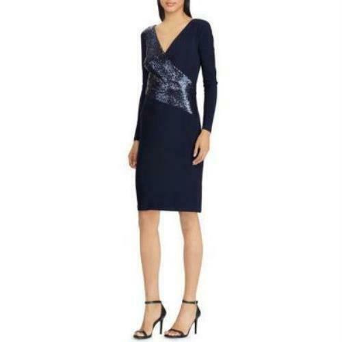 NWT Lauren Ralph Lauren Navy Blue Sequin Jersey Ruched Cocktail Dress Size 6