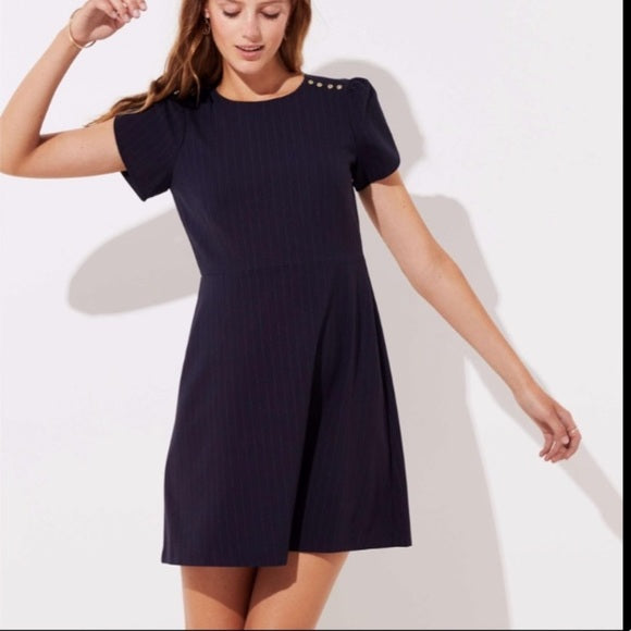 NWT Ann Taylor Loft Navy Blue Pinstripe Short Tulip Sleeve Sheath Dress Size 6