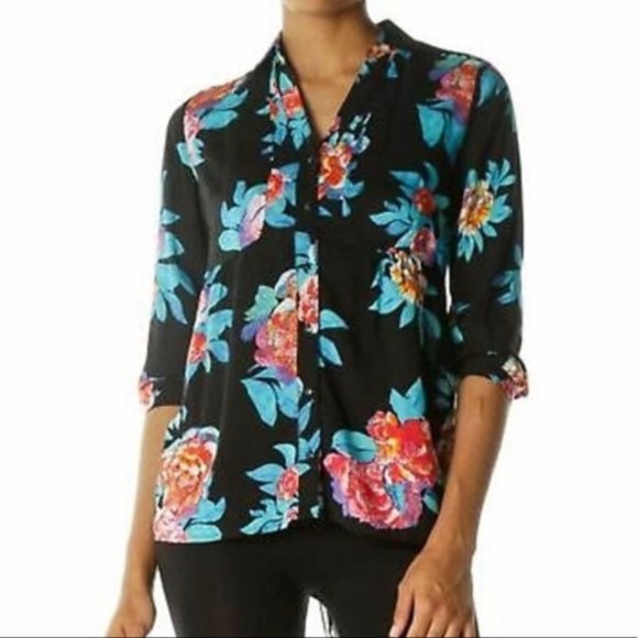 Maeve Anthropologie Woodland Walk Black Multi Floral Button Down Blouse Top Sz 6