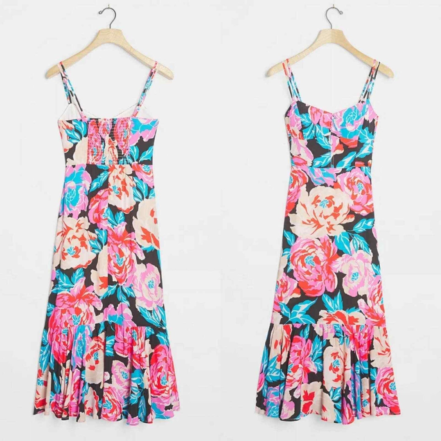 by Anthropologie Tina Floral Print Flounced Midi Dress Size 0 Black Blue Tea