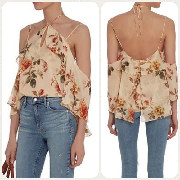 Intermix Ally Floral Ruffle Open Shoulder Silk Halter Tie Top Blouse Size S