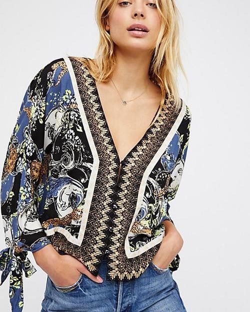 Free People Catch Me if You Can Tie Sleeve Geometric Cheetah Print Top Blouse M