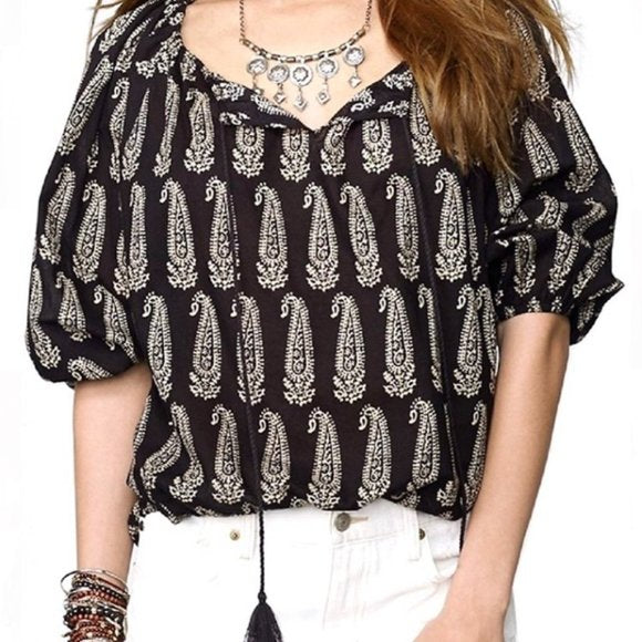 Denim and Supply Ralph Lauren Black Beige Paisley Print Tassel Tie Top Blouse M