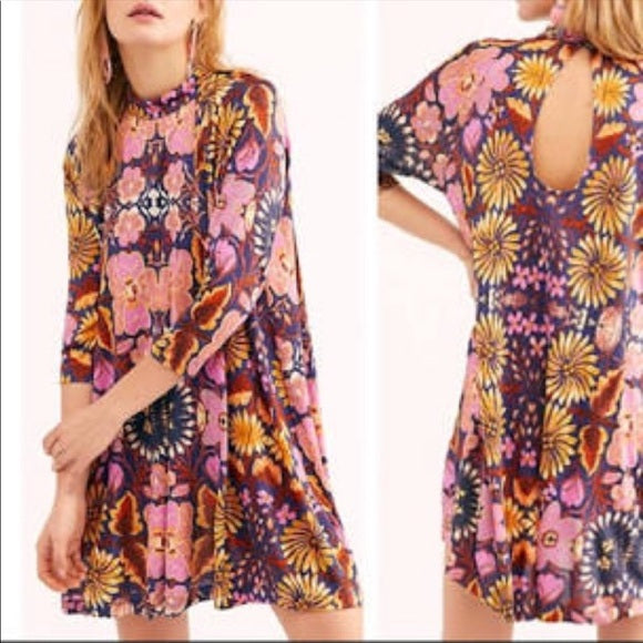 Free People Fiesta Floral Printed Mini Tunic Dress Size XS Keyhole Back Navy