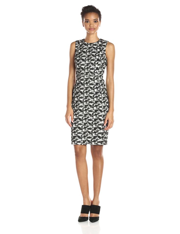 Calvin Klein Black White Gray Printed Sheath Dress Size 8 Career Abstract