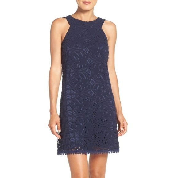 Lilly Pulitzer Mango Shift Dress True Navy Leafy Palm Lace Size XS Sleeveless
