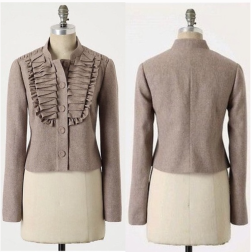 Tabitha Anthropologie As You Please Ruffle Pleated Cropped Wool Jacket Sz 0 Tan