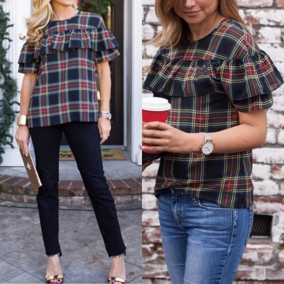 J Crew Edie Ruffle Top in Stewart Tartan Plaid Size 2 Black Red Popover Blouse Short Sleeve