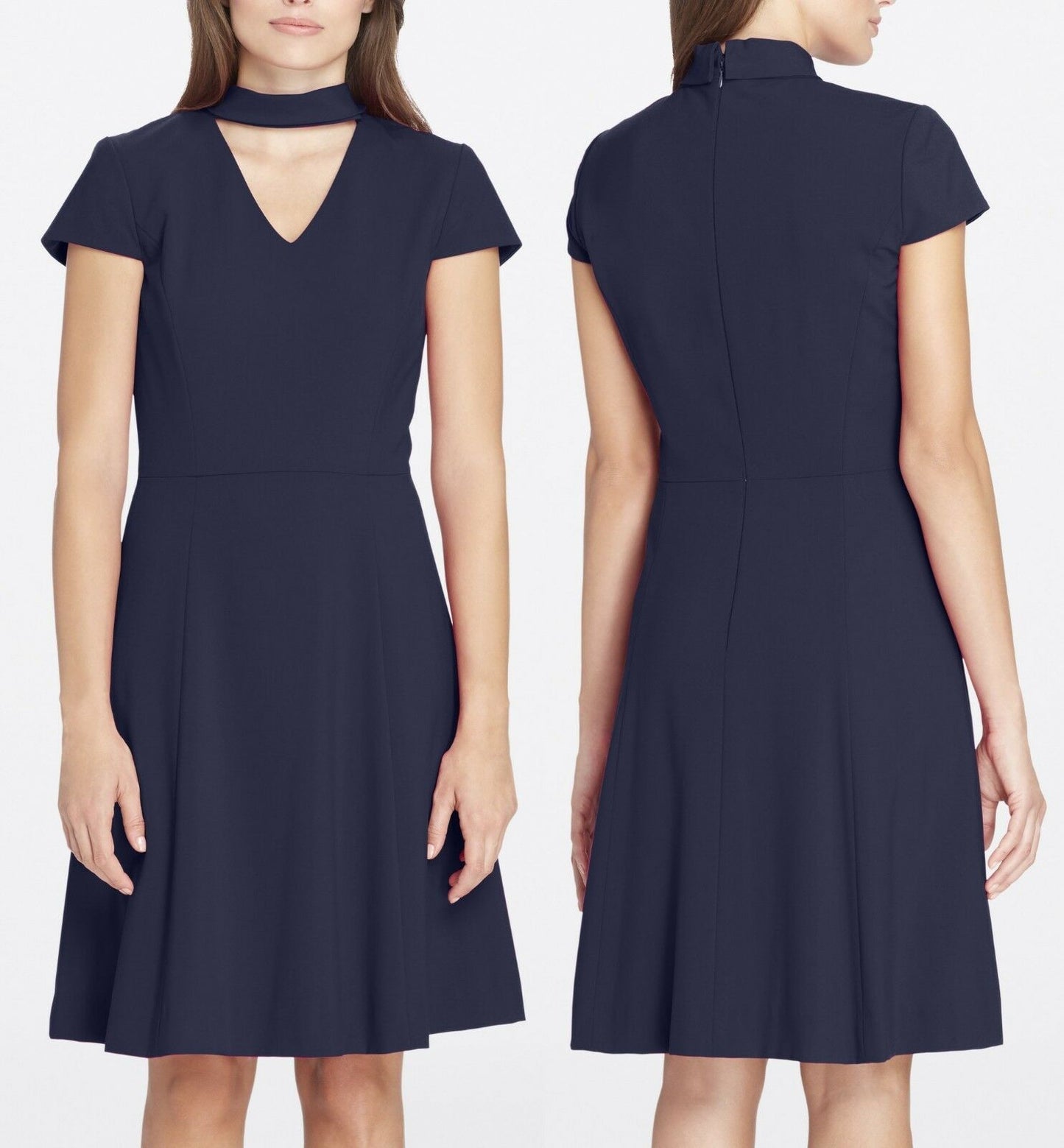 Tahari ASL Levine Navy Blue Choker Collar Fit and Flare Dress Cap Sleeve Size 8