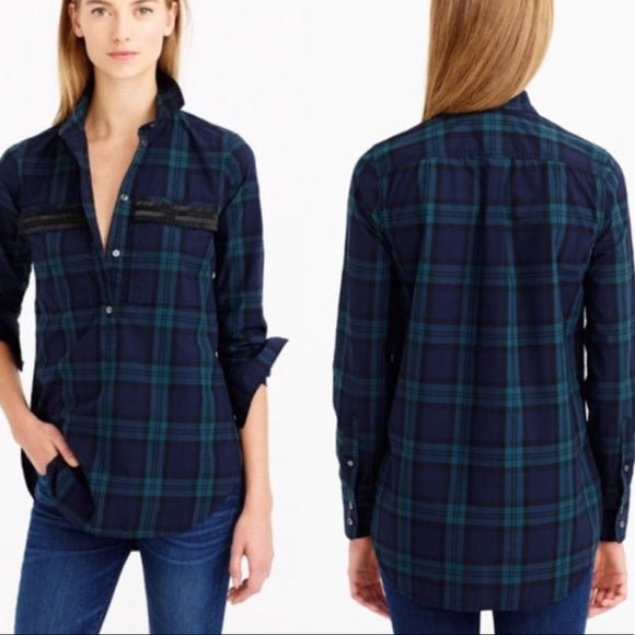J Crew Plaid Chevron Beaded Embellished Popover Shirt Blouse Green Navy Size 6 Long Sleeve